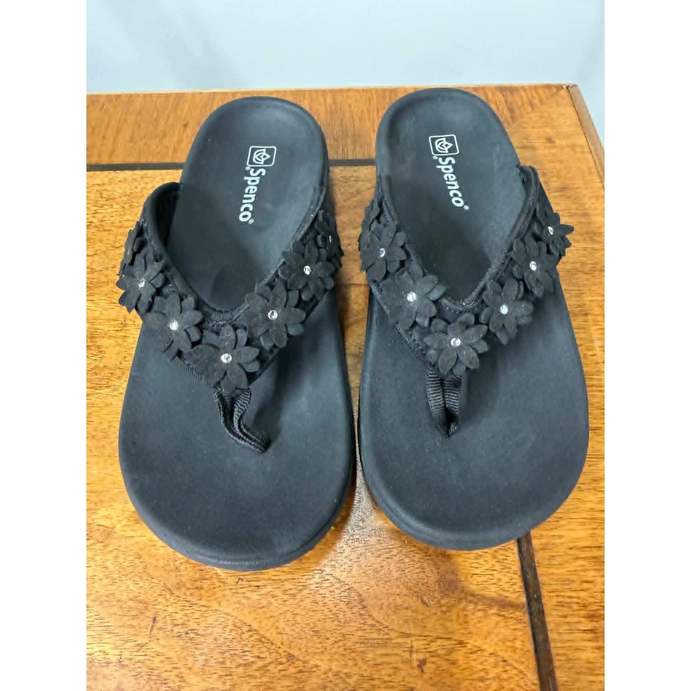 Spenko Women's Size 7D Black Floral Orthotic Thong Sandals Flip‎ Flops Sparkle